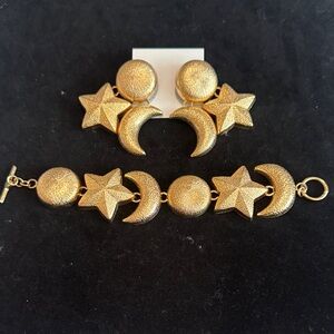 Star and Moon Earrings & Bracelet Gold Tone Statement Set